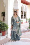 KA 1211 Fendi Silk Sequins Embroidered Work Kurti With Sharara Dupatta Wholesale Online